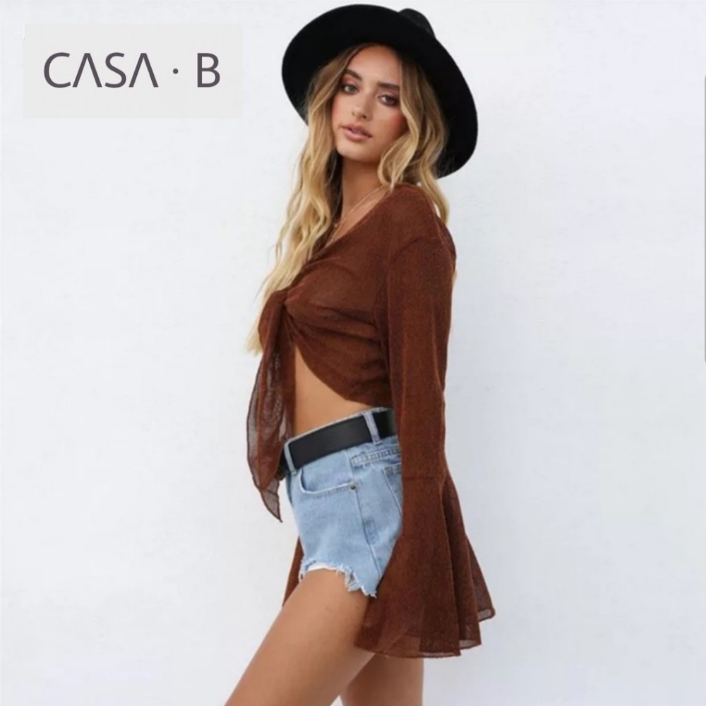 CASA Bđ«Sierra Boheme Mesh Front-tie Cover-up Big Sleeve Blouse - Picture 3 of 6